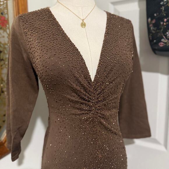Y2K Colleen Lopez Dark Brown & Copper Beaded Ruched Mid Sleeve Glam Top S/M - Picture 2 of 7